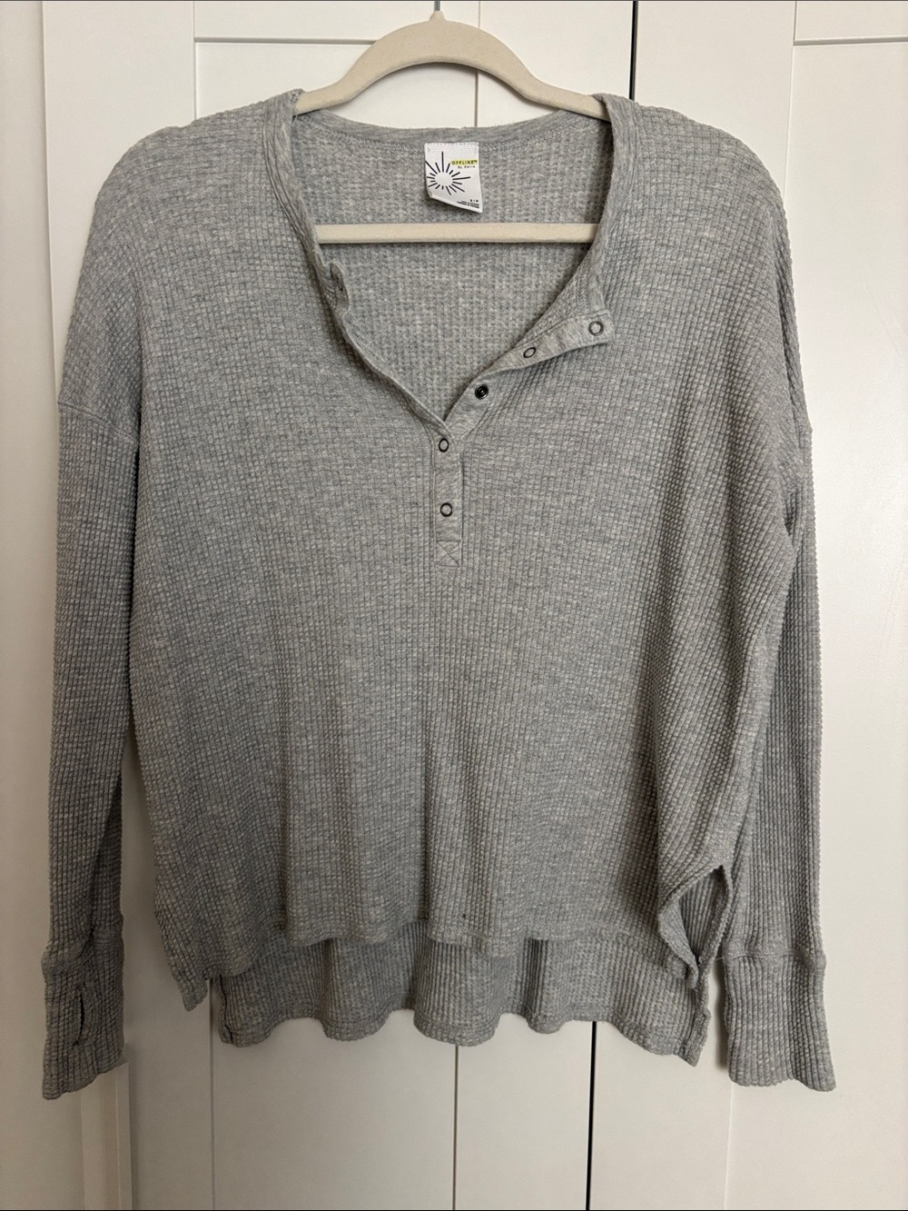 aerie Light Gray Waffle-Knit Snap Henley Sweater
